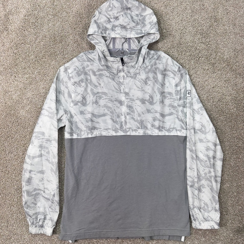 Under Armour Hooded Windbreaker Mens Large Fitted White Grey Camo EUC